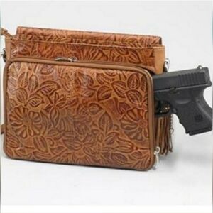 Concealed Carry Tan Tooled Cowhide Organizer Crossbody by Gun Tote'n Mamas EUC